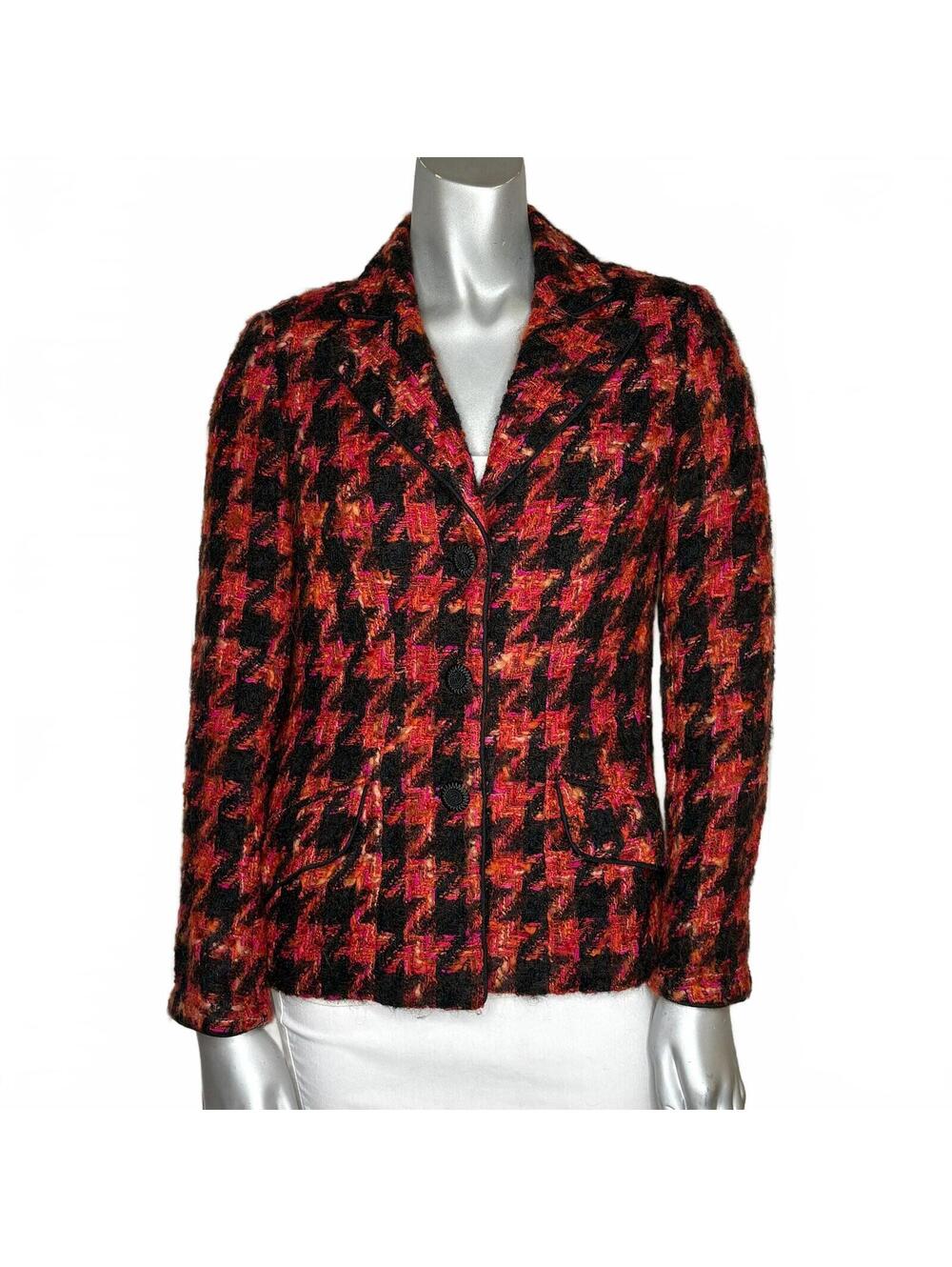 Vintage 90s Dara Lamb Houndstooth Boucle Tweed Blazer Pink Red Orange XS 0-2